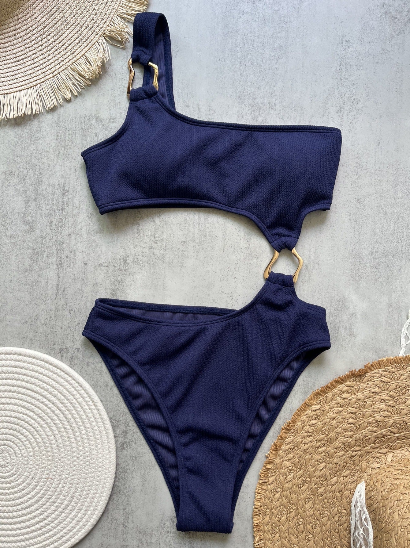 Irregular Asymmetric Metal Accessories Rib Fabric One Piece Swimsuit Beach Sexy Women Swimsuit Bella Mia